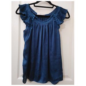 CALYPSO DARK BLUE TOP WITH PLEATED FLUTTER SLEEVES (US 6)